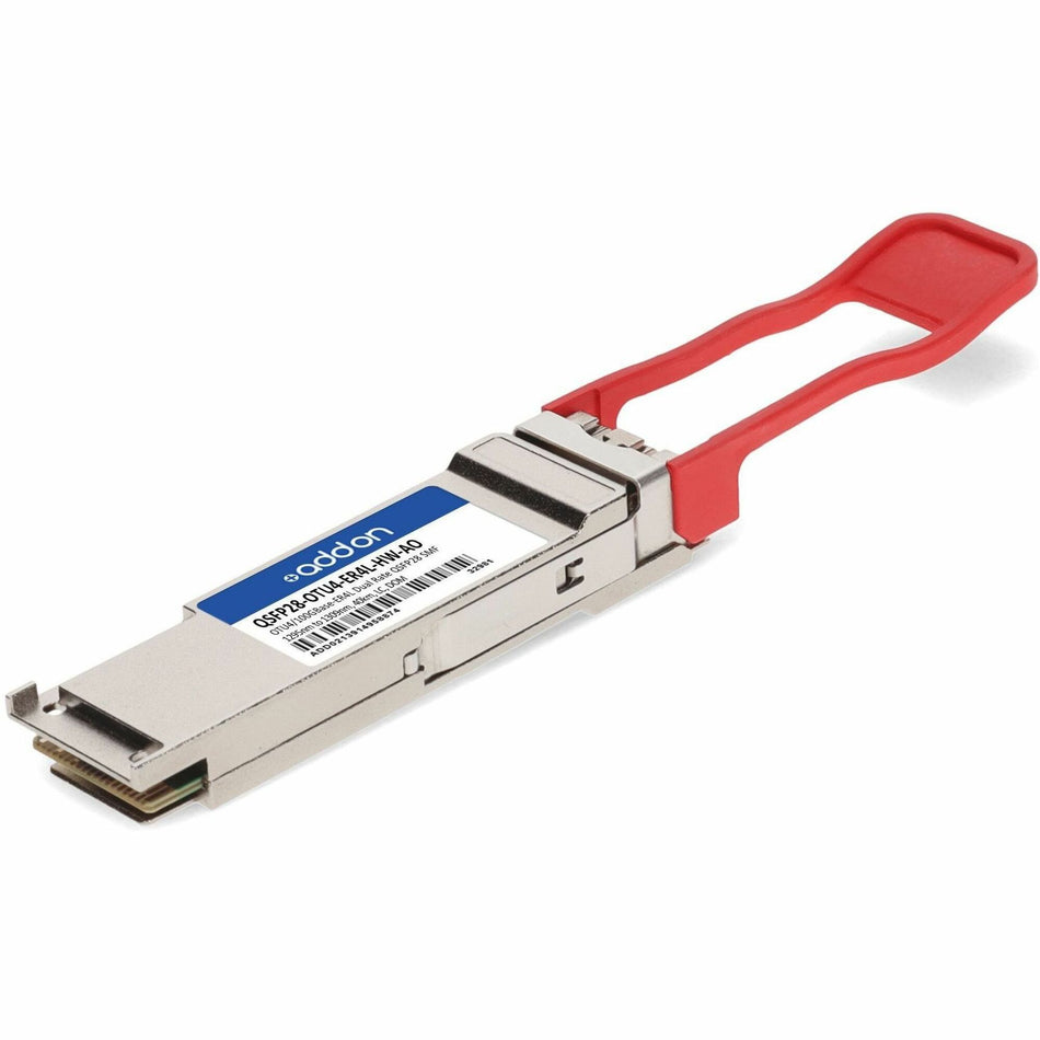 AddOn Huawei&reg; Compatible TAA Compliant OTU-4-ER4L 100GbE Dual-Rate QSFP28 Transceiver (SMF, 1295nm to 1309nm, 40km w/host FEC, LC, DOM) - QSFP28-OTU4-ER4L-HW-AO