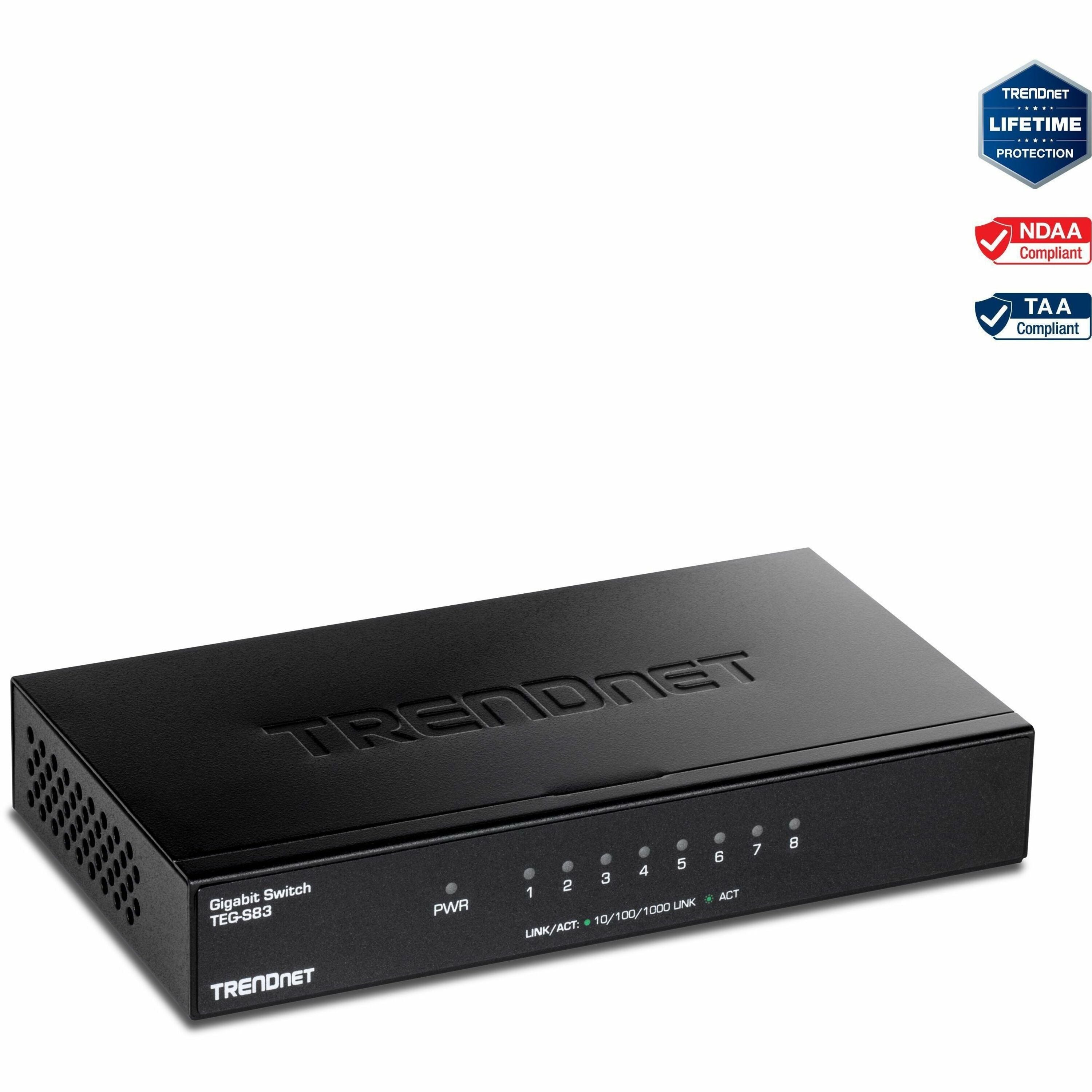 TRENDnet 8-Port Gigabit Desktop Switch, TEG-S83, 8 x Gigabit RJ-45 Ports, Ethernet Splitter, 16Gbps Switching Capacity, Fanless Design, Metal Enclosure, Lifetime Protection, Black - TEG-S83