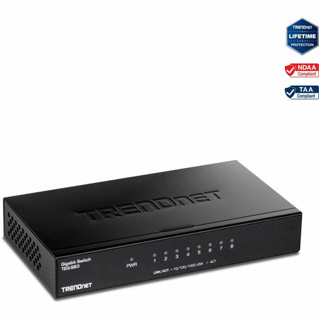 TRENDnet 8-Port Gigabit Desktop Switch, TEG-S83, 8 x Gigabit RJ-45 Ports, Ethernet Splitter, 16Gbps Switching Capacity, Fanless Design, Metal Enclosure, Lifetime Protection, Black - TEG-S83