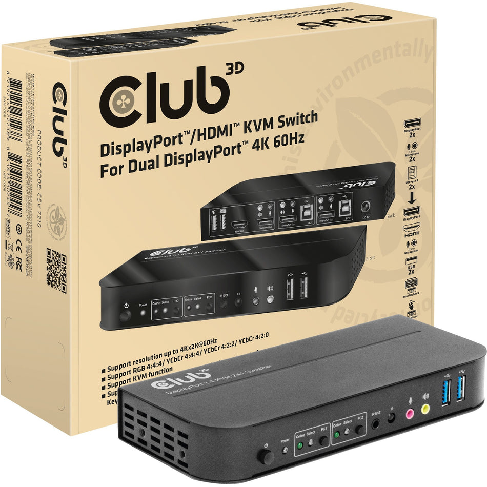 Club 3D DisplayPort/HDMI KVM Switch For Dual DisplayPort 4K 60Hz - CSV-7210