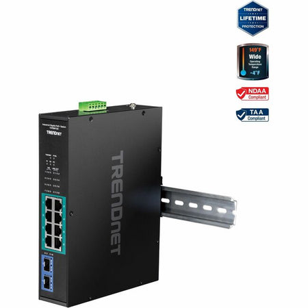 TRENDnet 10-Port Industrial Gigabit PoE+ Switch, WideTemperature Range -20&deg; - 65&deg;C (-4&deg; - 149&deg;F), DIN Rail Switch, 50-55V DC, 8 x Gigabit PoE+ Ports, 2 x Gigabit SFP Slots, TI-PGM102, Black - TI-PGM102