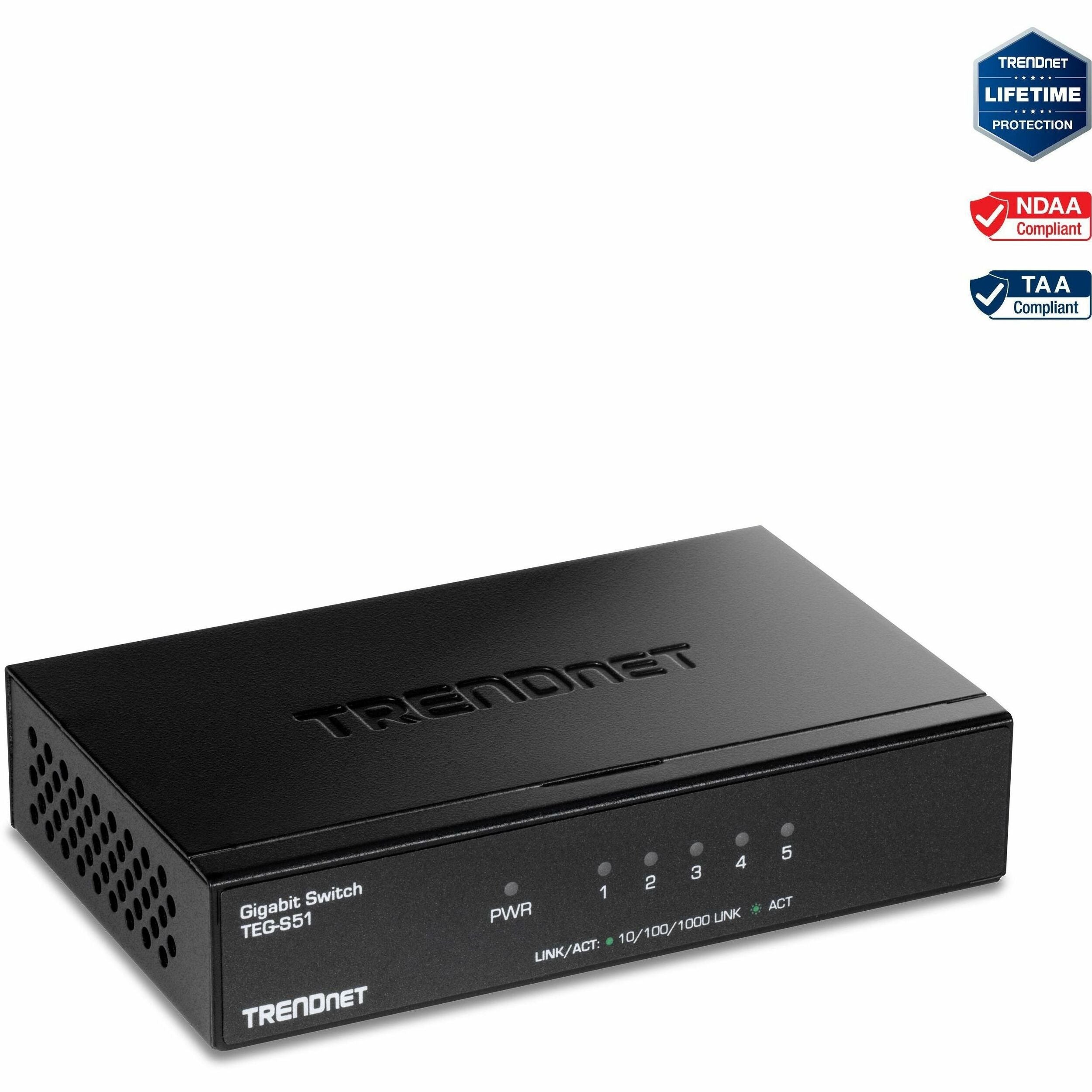TRENDnet 5-Port Gigabit Desktop Switch, TEG-S51, 5 x Gigabit RJ-45 Ports, 10Gbps Switching Capacity, Fanless Design, Metal Enclosure, Lifetime Protection, Black - TEG-S51