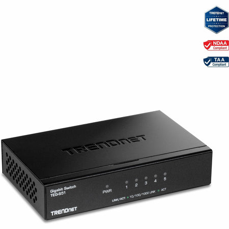 TRENDnet 5-Port Gigabit Desktop Switch, TEG-S51, 5 x Gigabit RJ-45 Ports, 10Gbps Switching Capacity, Fanless Design, Metal Enclosure, Lifetime Protection, Black - TEG-S51