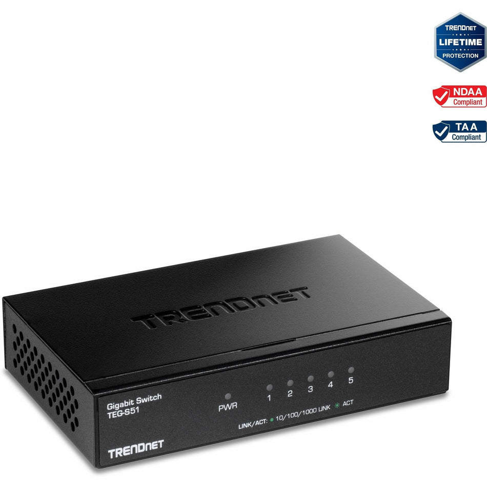 TRENDnet 5-Port Gigabit Desktop Switch, TEG-S51, 5 x Gigabit RJ-45 Ports, 10Gbps Switching Capacity, Fanless Design, Metal Enclosure, Lifetime Protection, Black - TEG-S51