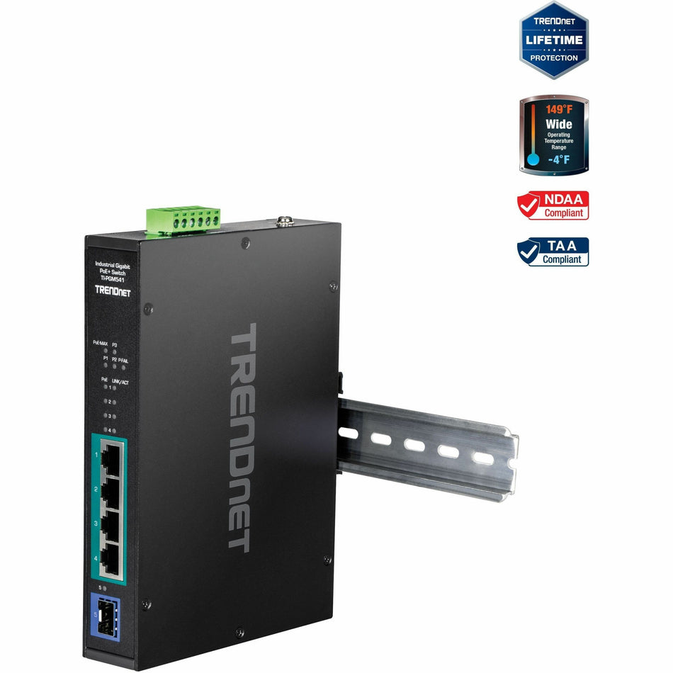 TRENDnet 5-Port Industrial Gigabit PoE+ Switch, Wide Temperature Range -20&deg; - 65&deg;C (-4&deg; - 149&deg;F), DIN-Rail Switch, 50-55V DC, 4 x Gigabit PoE+ Ports, 1 x Gigabit SFP Slot, TI-PGM541, Black - TI-PGM541