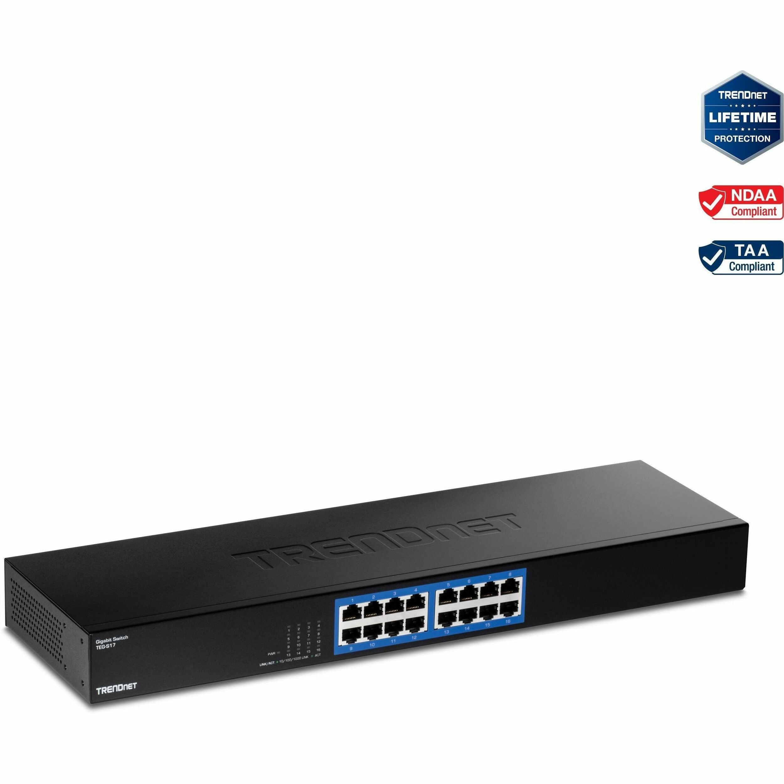 TRENDnet 16-Port Gigabit Switch, TEG-S17, 16 x Gigabit RJ-45 Ports, 32Gbps Switching Capacity, Fanless Design, Metal Enclosure, Internal Power Supply, Lifetime Protection, Black - TEG-S17