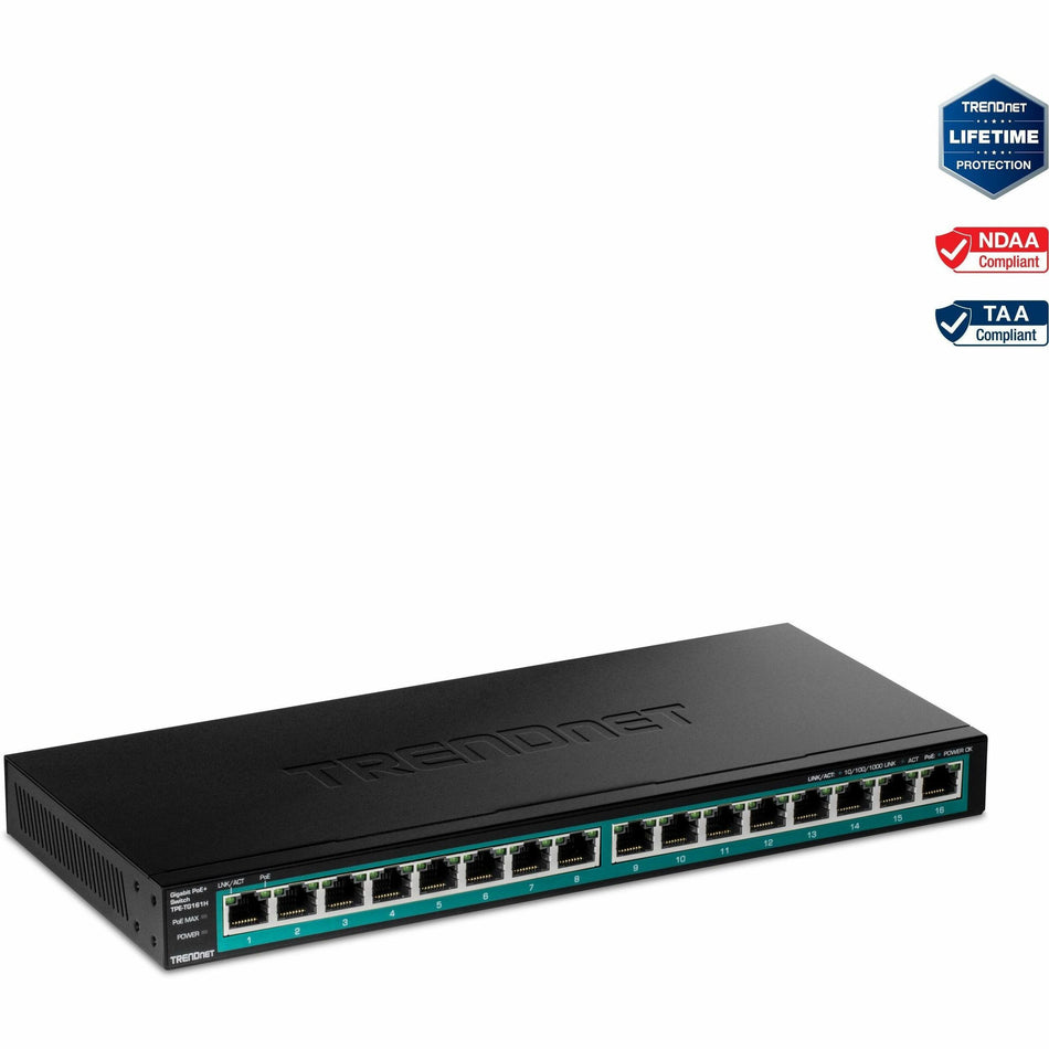 TRENDnet 16-Port Gigabit PoE+ Switch, 16 x Gigabit PoE+ Ports, 120W PoE Budget, Up to 30W Per Port, 1U 19" Rackmount Brackets Included, Fanless, Lifetime Protection, Black, TPE-TG161H - TPE-TG161H