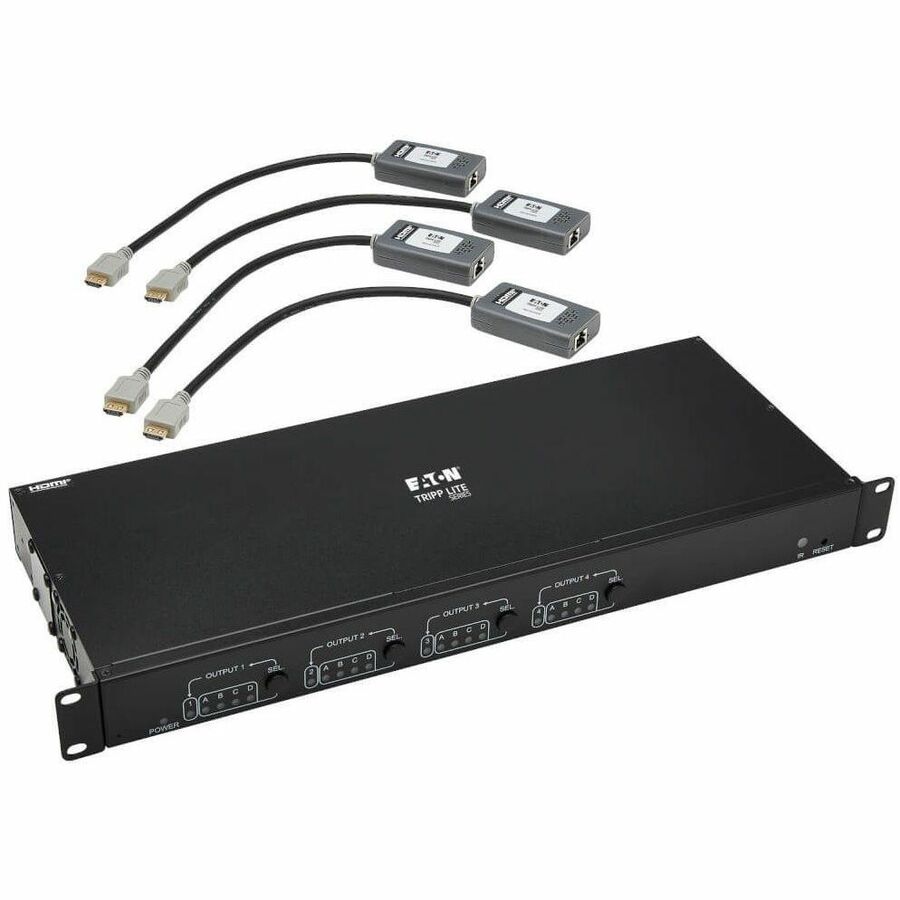 Tripp Lite by Eaton 4x4 HDMI over Cat6 Matrix Switch Kit, Switch/4x Pigtail Receivers - 4K 60 Hz, HDR, 4:4:4, PoC, 230 ft. (70.1 m), TAA - B127A-4X4-BH4PH