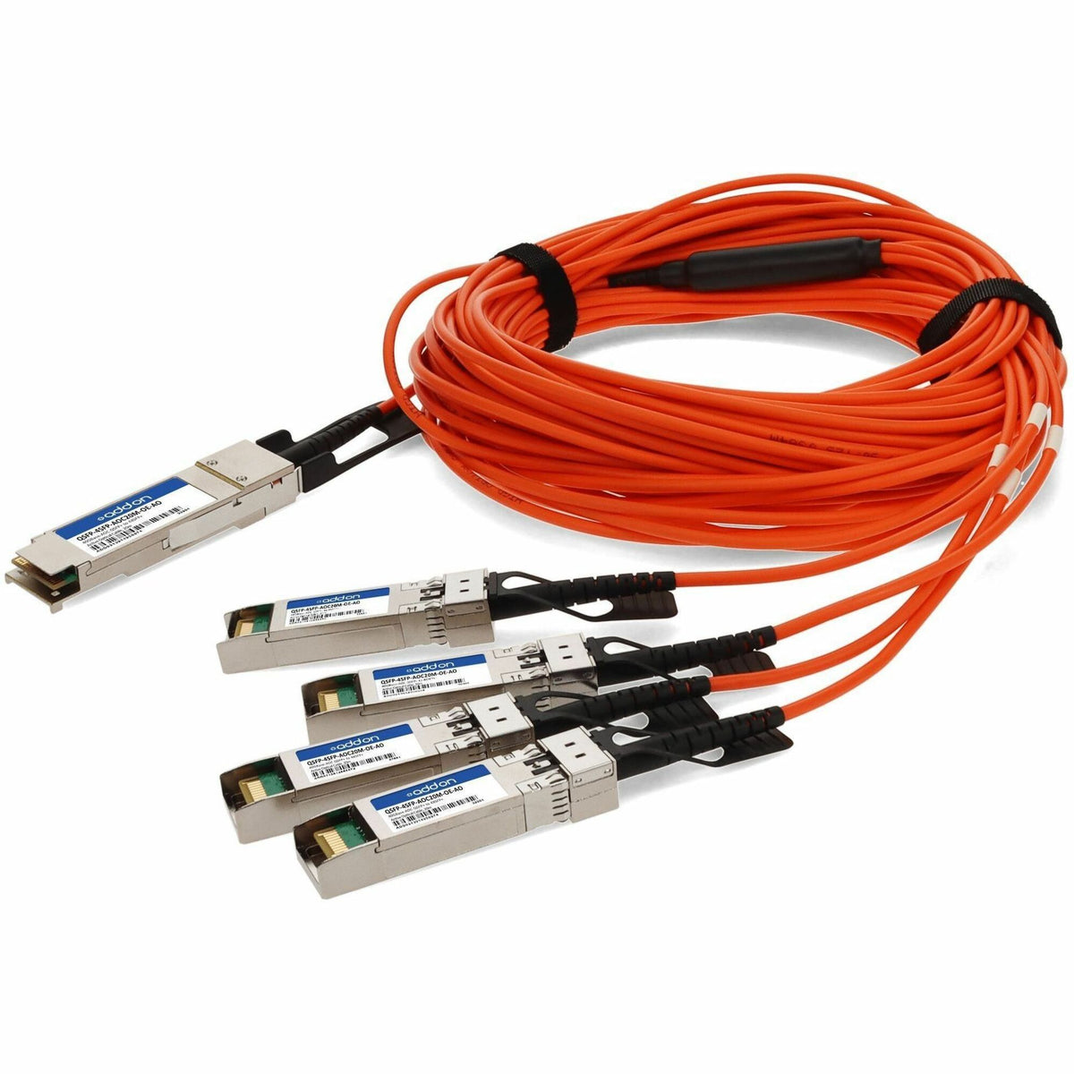 AddOn MSA and TAA Compliant 40GBase-AOC QSFP+ to 4xSFP+ Orange Active Optical Cable (850nm, MMF, 20m) - QSFP-4SFP-AOC20M-OE-AO