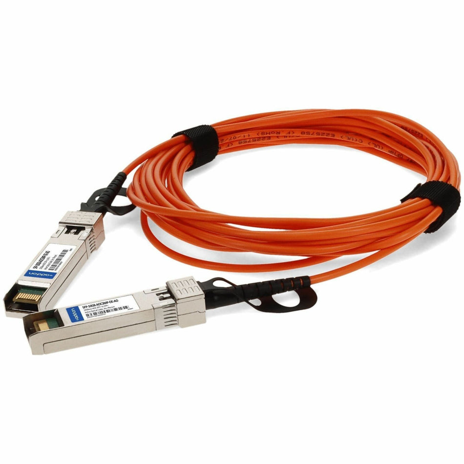 AddOn MSA and TAA Compliant 10GBase-AOC SFP+ to SFP+ OFNP (Plenum-rated) Orange Active Optical Cable (850nm, MMF, 3m) - SFP-10GB-AOC3MP-OE-AO