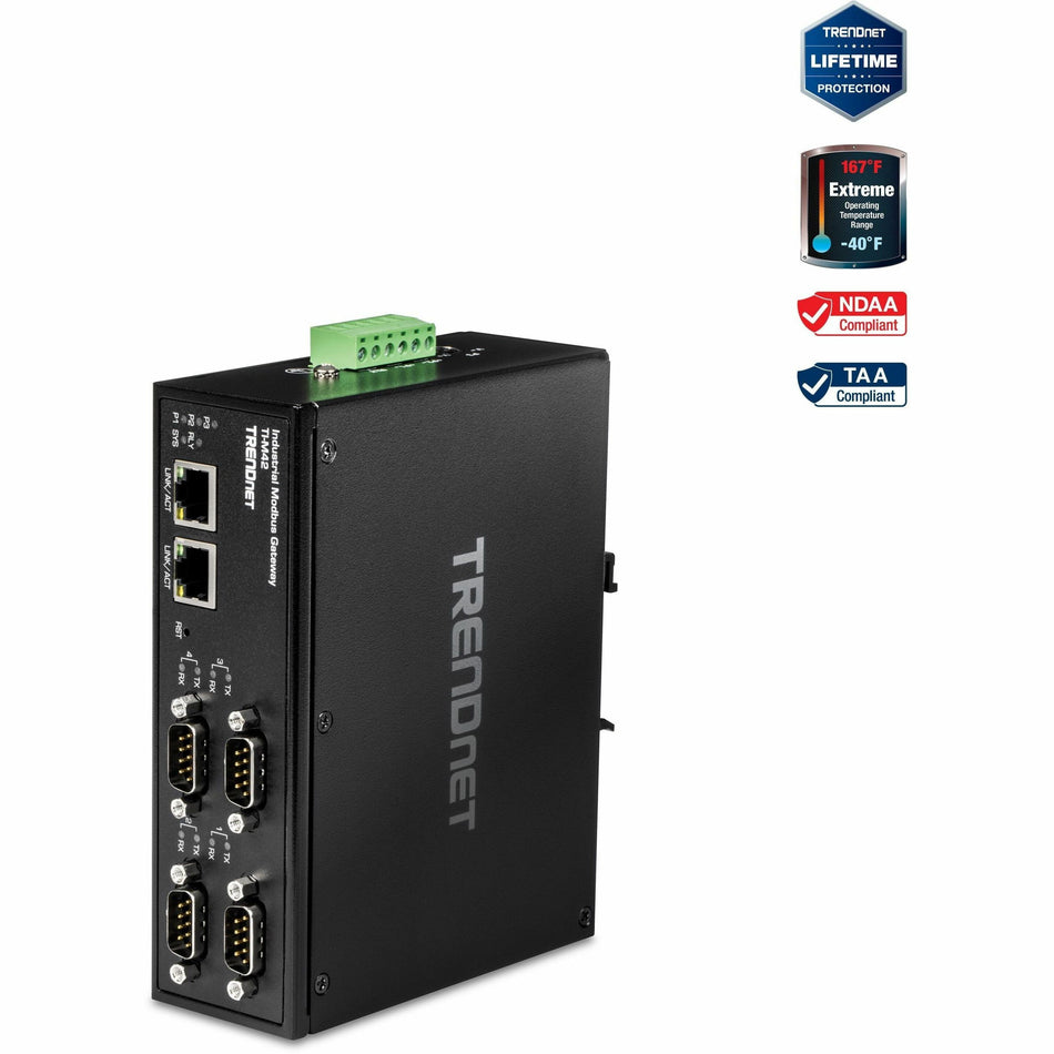 TRENDnet 4-Port Fast Ethernet Industrial Modbus Gateway, 4 x Serial DB-9 Ports, 2 x Fast Ethernet Ports, Up to 100m (328 ft), IP30 Rated Housing, Extreme Temperature Protection, Black, TI-M42 - TI-M42