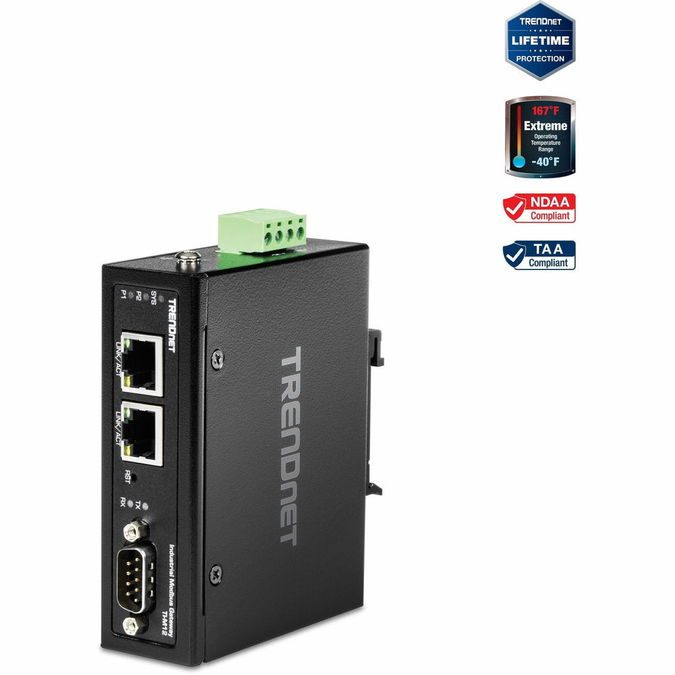 TRENDnet 1-Port Fast Ethernet Industrial Modbus Gateway, 1 x Serial DB-9 Port, 2 x Fast Ethernet Ports, Up to 100m (328 ft), IP30 Rated Housing, Extreme Temperature Protection, Black, TI-M12 - TI-M12