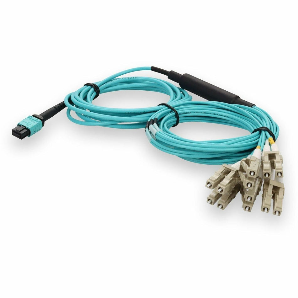 AddOn 3m MPO/UPC to 6xLC/UPC Duplex Aqua OM4 Armored OFNP (Plenum-Rated) 12-Strand Fiber Fanout Cable - ADD-MPO-6LC3M5OM4AP