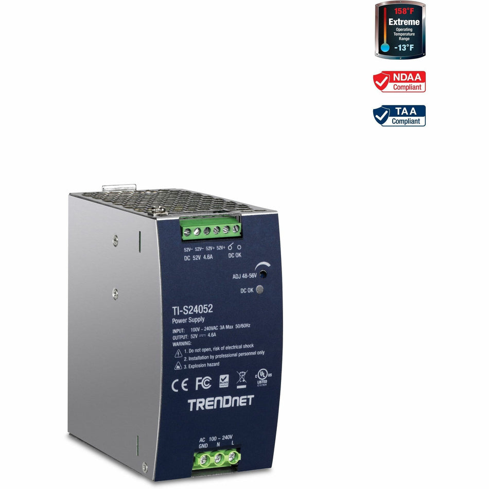 TRENDnet 240W, 52V DC, 4.61A AC to DC DIN-Rail Power Supply, TI-S24052, Industrial Power Supply with Built-In Power Factor Controller Function, Silver - TI-S24052
