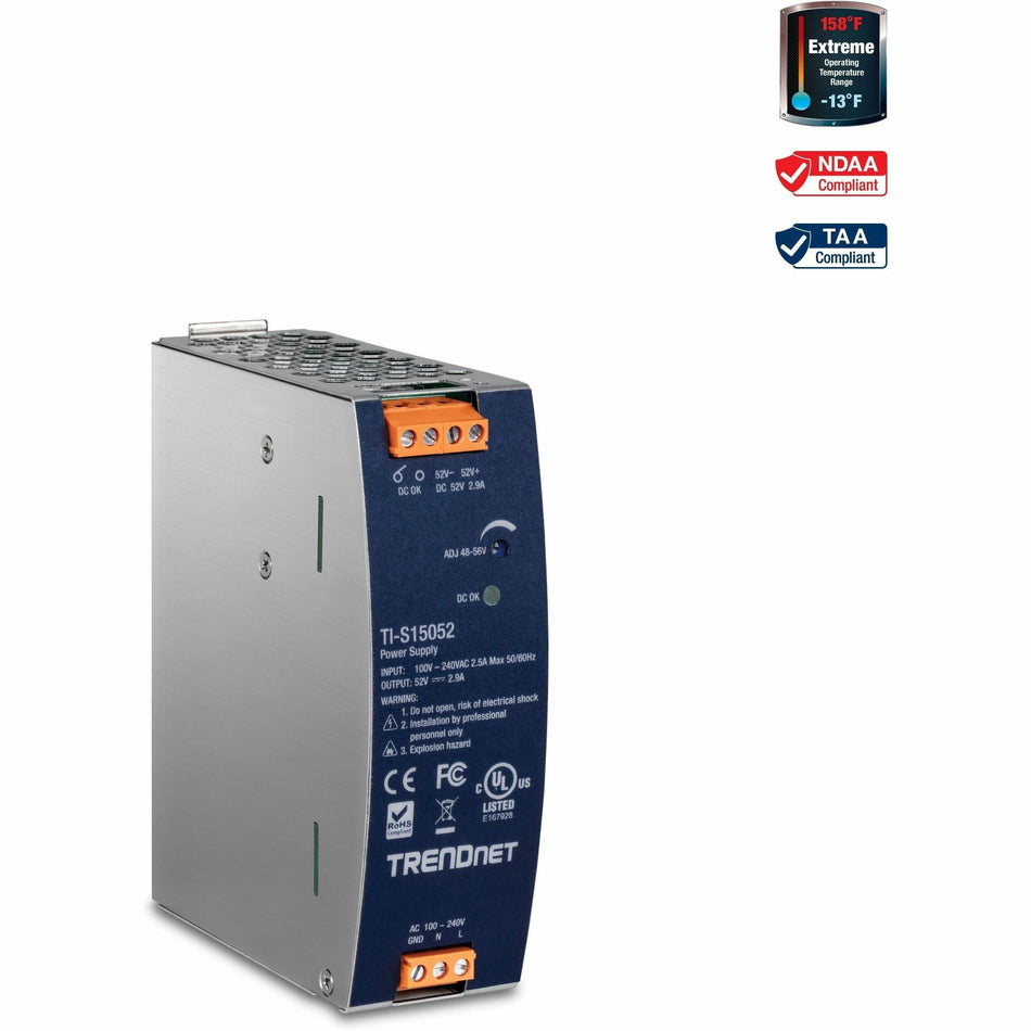 TRENDnet 150W, 52V DC, 2.89A AC to DC DIN-Rail Power Supply, TI-S15052, Industrial Power Supply with Built-In Power Factor Controller Function, Silver - TI-S15052