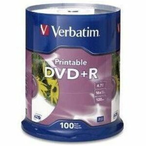 Verbatim DVD+R 4.7GB 16X White Inkjet Printable - 100pk Spindle - 95145