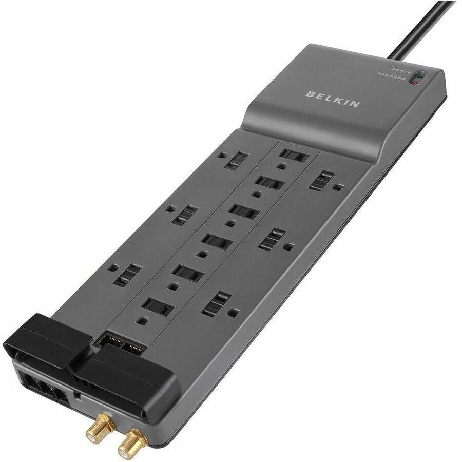 Belkin 12-Outlet Surge Protector - 8ft Cord - Right Angle Plug - 4120J - Telephone, Coaxial Protection - Grey (3-pack) - BE112234-103PK