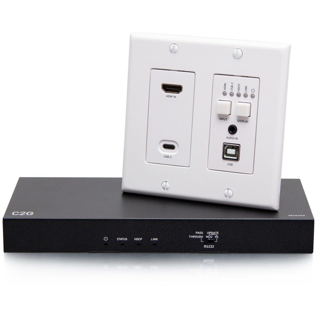C2G HDMI HDBaseT + USB-C, 3.5mm, and USB-B to A over Cat Extender Wall Plate Transmitter to Box Receiver - 4K 60Hz - C2G31011