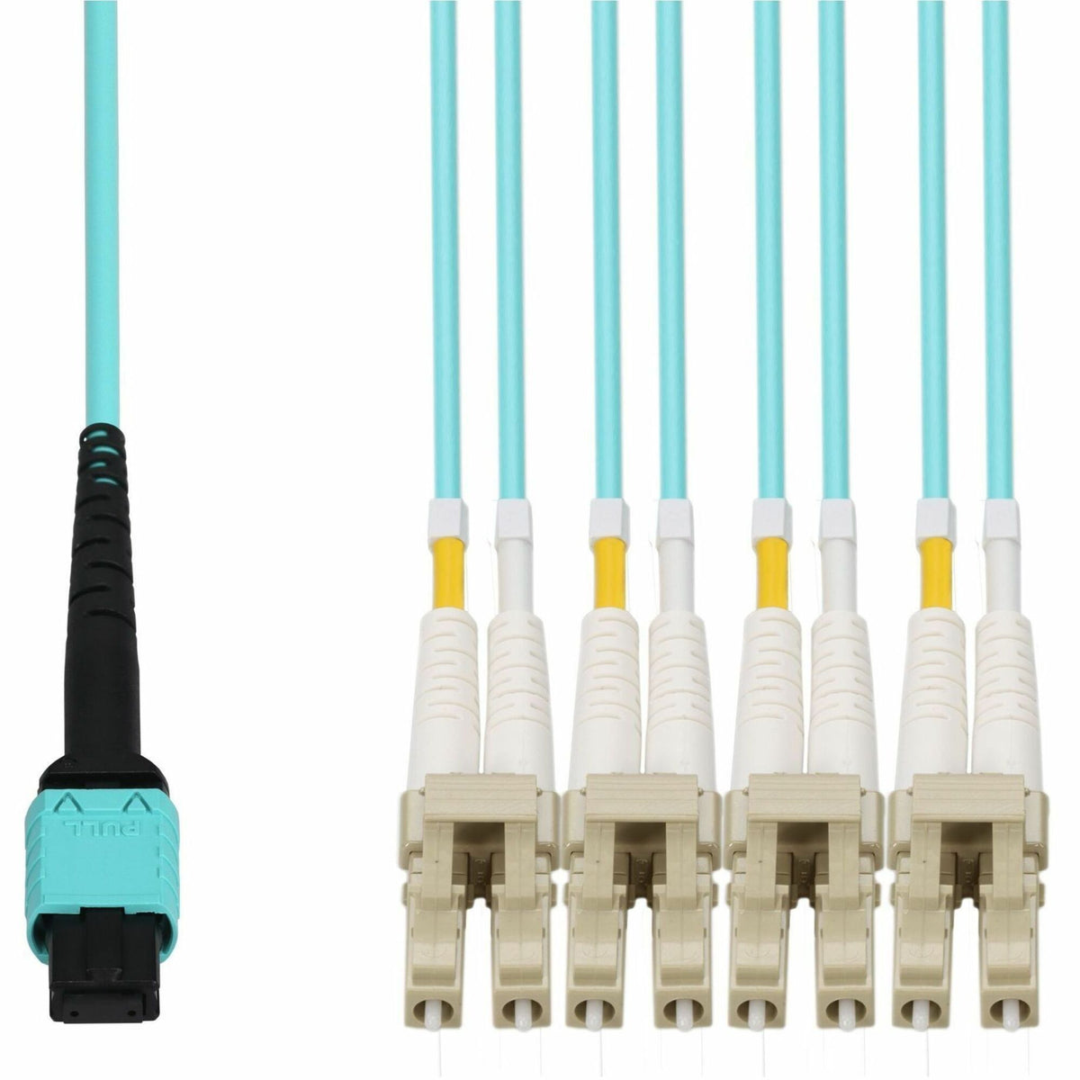 AddOn 25m MPO/UPC to 2xLC Duplex (4xLC)/UPC Aqua OM4 OFNR (Riser-Rated) 4-Strand Fiber Fanout Cable - ADD-MPO-2LC25M5OM4