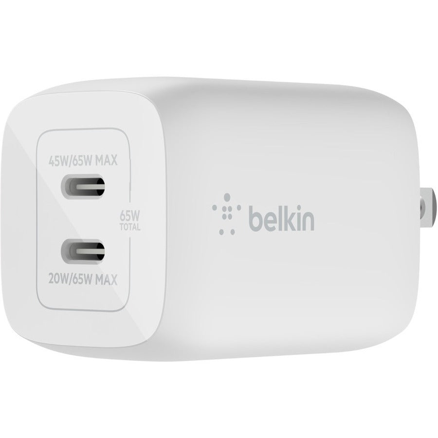 Belkin BoostCharge Pro Dual USB-C GaN Wall Charger with PPS 65W Laptop Chromebook Charging - Power Adapter - WCH013DQWH