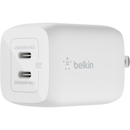 Belkin BoostCharge Pro Dual USB-C GaN Wall Charger with PPS 65W Laptop Chromebook Charging - Power Adapter - WCH013DQWH