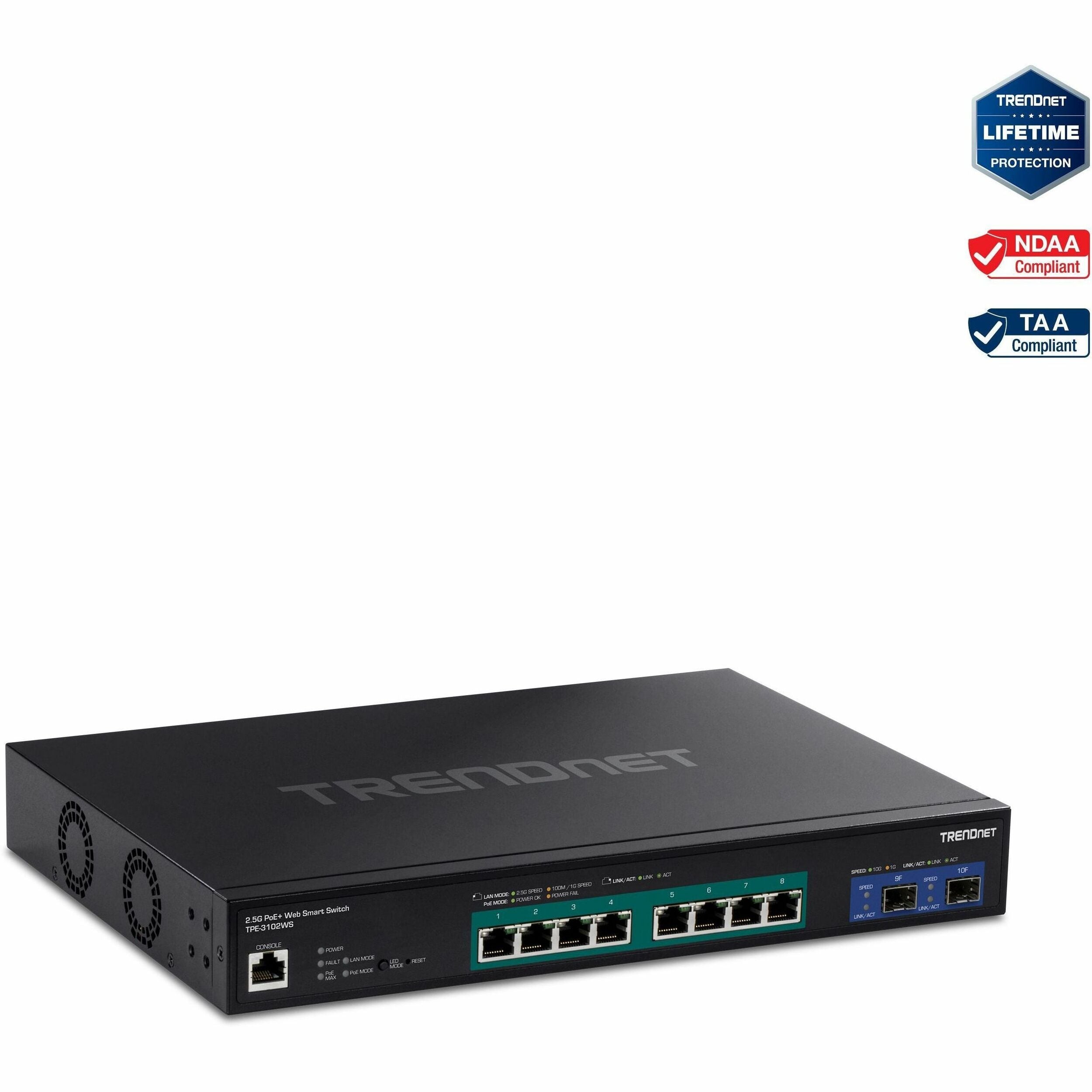 TRENDnet 10-Port Multi-Gig Web Smart PoE+ Switch, 8 x 2.5GBASE-T PoE+ Ports, 2 x 10G SFP+ Slots, Metal Housing, Managed Network Ethernet Switch, Lifetime Protection, Black, TPE-3102WS - TPE-3102WS