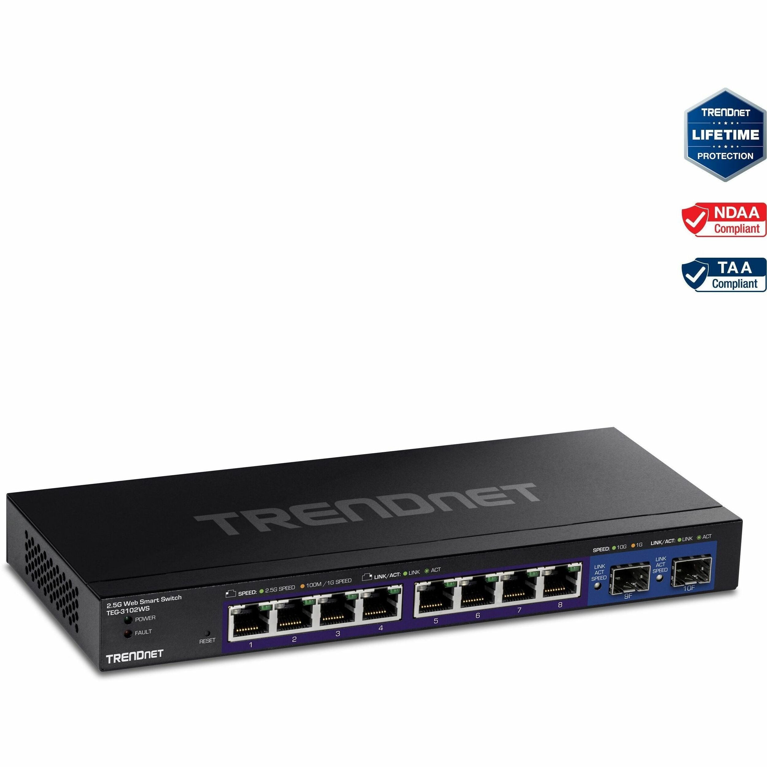 TRENDnet 10-Port Multi-Gig Web Smart Switch, TEG-3102WS, 8 x 2.5GBASE-T Ports, 2 x 10G SFP+ Slots, Ethernet Splitter, Metal Housing, NDAA & TAA Compliant, Lifetime Protection, Black - TEG-3102WS