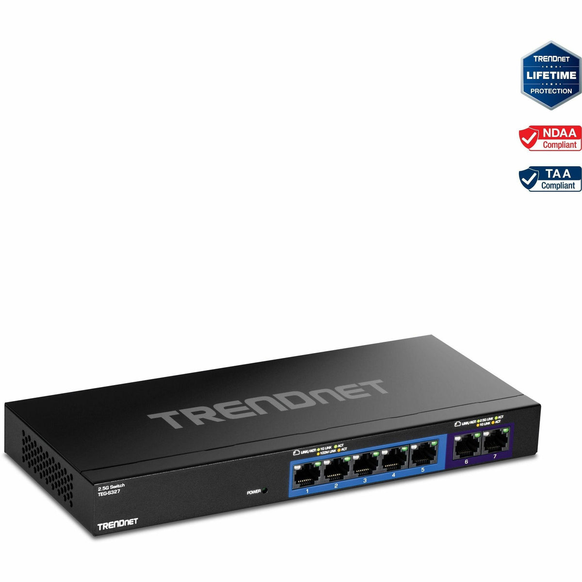 TRENDnet 7-Port Multi-Gig Gaming Switch, TEG-S327, 5 x 1G RJ-45 Base-T Ports, 2 x 2.5G RJ-45 Ports, 20Gbps Switching Capacity, Wall Mountable, Plug & Play, Lifetime Protection, Black - TEG-S327