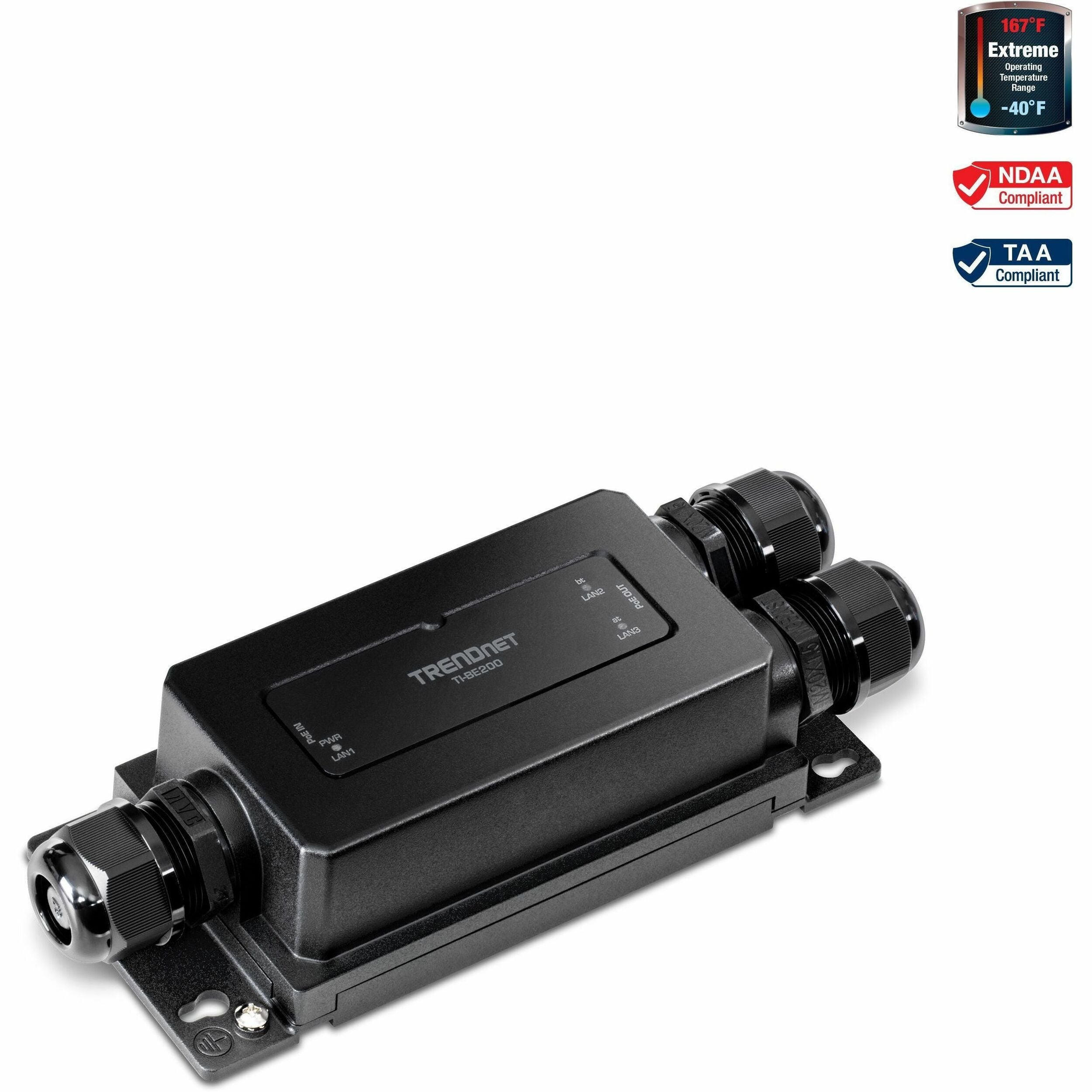 TRENDnet 2-Port Industrial Outdoor Gigabit PoE++ Extender, Hardened IP67 Extreme Temperature Rated Housing, Extends PoE++ Connection up to 200m (656 ft.) for up to 2 Devices, Black, TI-BE200 - TI-BE200