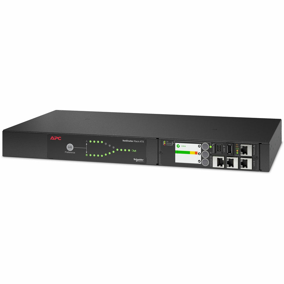 APC Netshelter Rack Automatic Transfer Switch, 1U, 20A, 200/208V, 2 L6-20 IN, 8 C13, 1 C19 OUT, 50/60Hz - AP4430A