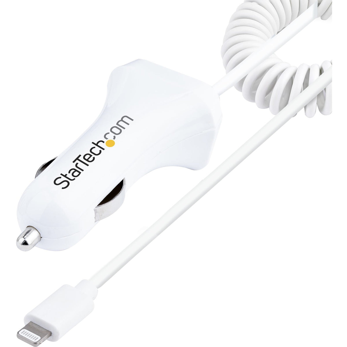 StarTech.com Lightning Car Charger with Coiled Cable, 1m Built-in Cable, 12W, White, 2 Port USB Car Charger Adapter, In Car iPhone Charger - USBLT2PCARW2