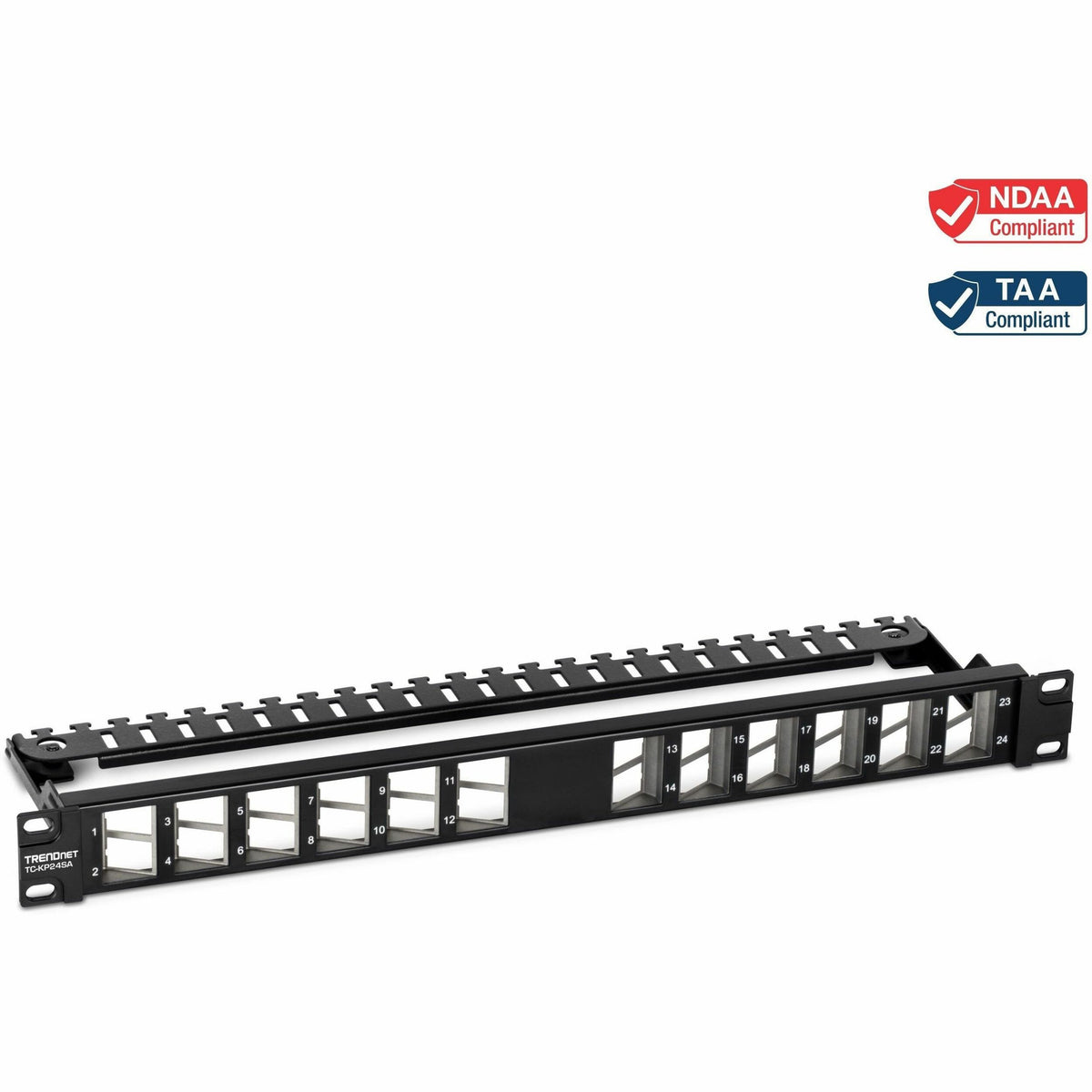 TRENDnet 24-Port Blank Angled Keystone Shielded 1U Patch Panel, TC-KP24SA, STP, Cat6A, Cat5, Cat5e, Cat6, 19" Rackmount Design, Black - TC-KP24SA