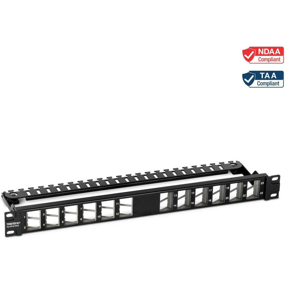 TRENDnet 24-Port Blank Angled Keystone Shielded 1U Patch Panel, TC-KP24SA, STP, Cat6A, Cat5, Cat5e, Cat6, 19" Rackmount Design, Black - TC-KP24SA