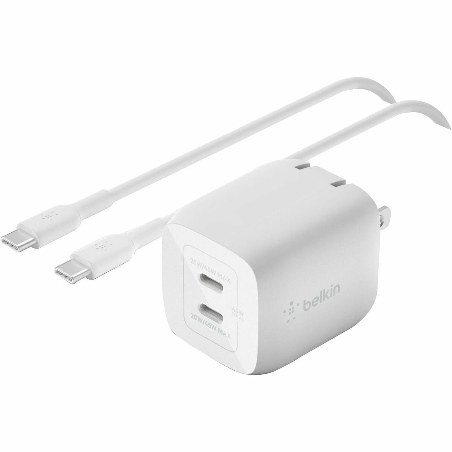 Belkin 45W Portable Dual Port GaN Wall Charger - 2xUSB-C (45W Total) - w/ USB-C to USB-C Cable - Fast Charging - Power Adapter - White - WCH011DQ2MWH-B6