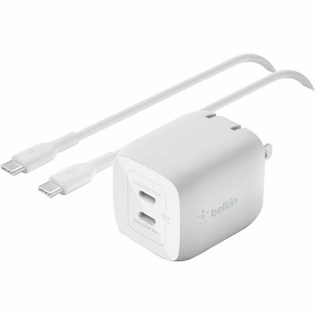 Belkin 45W Portable Dual Port GaN Wall Charger - 2xUSB-C (45W Total) - w/ USB-C to USB-C Cable - Fast Charging - Power Adapter - White - WCH011DQ2MWH-B6