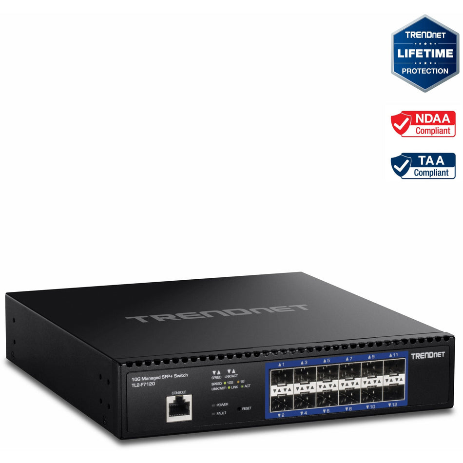 TRENDnet 12-Port 10G Layer 2 Managed SFP+ Switch, TL2-F7120, 12 x 10G SFP+ Ports, 240Gbps Switching Capacity, Supports 10GBASE-X / 1000BASE-FX SFP Fiber Modules, Lifetime Protection, Black - TL2-F7120