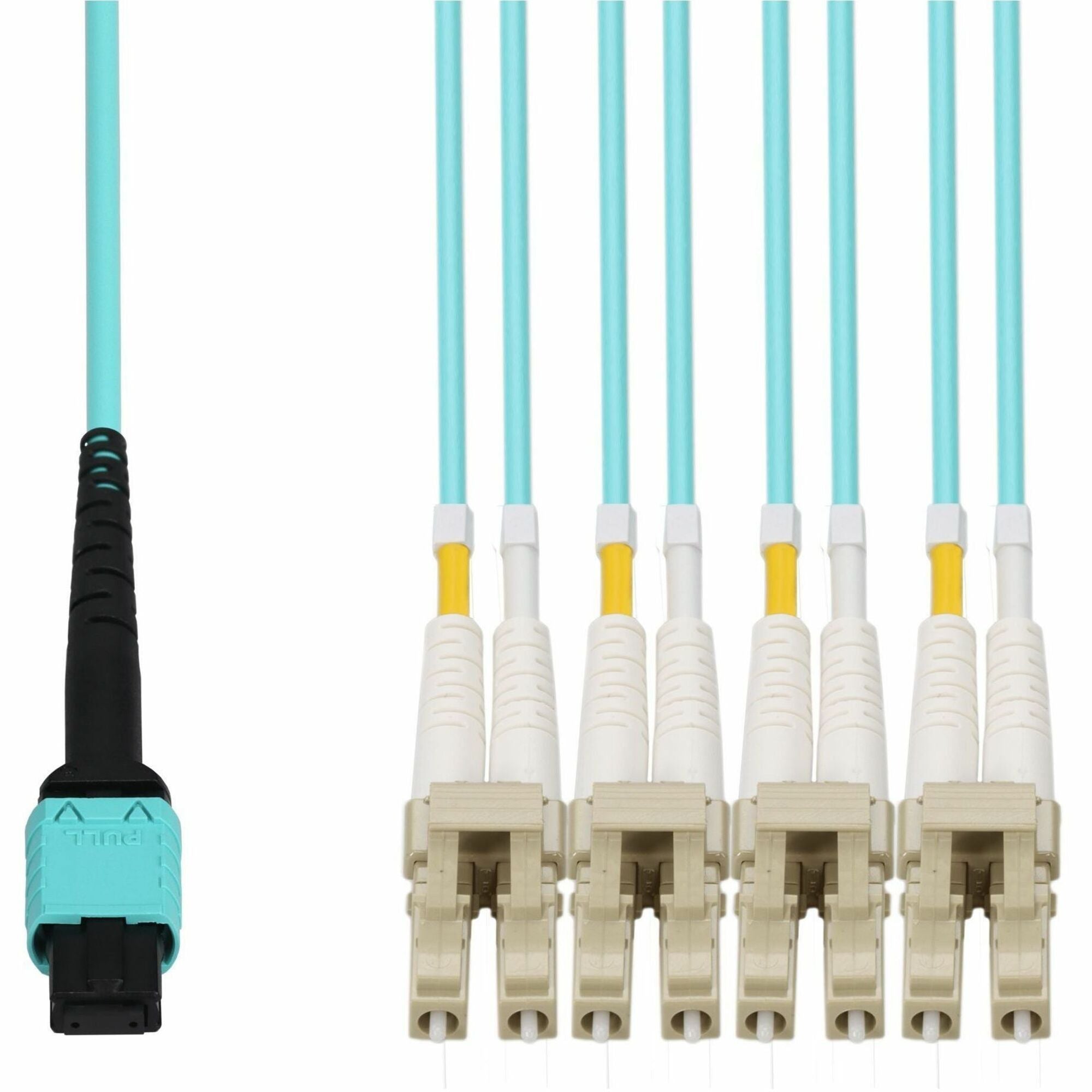 AddOn 0.5m MPO/UPC to 4xLC/UPC Duplex Aqua OM4 OFNR (Riser-Rated) 8-Strand Fiber Fanout Cable - ADD-MPO-4LC0-5M5OM4