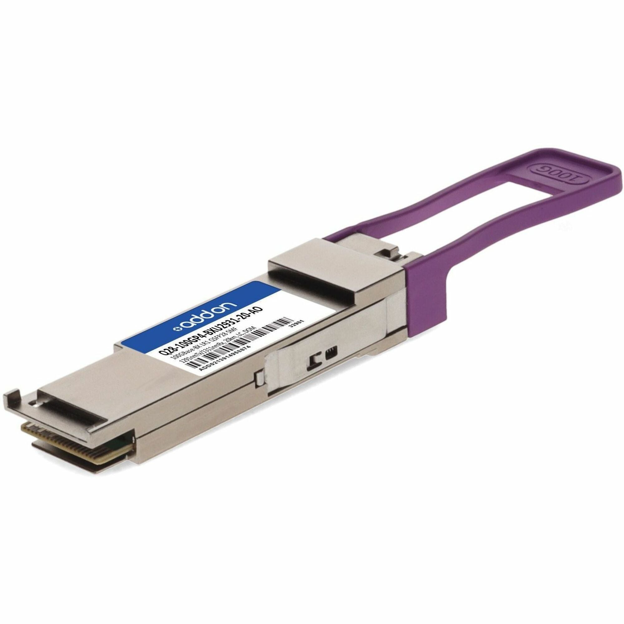 AddOn MSA and TAA 100GBase-BX LR1 PAM4 QSFP28 Transceiver Single Lambda (SMF, 1291nmTx/1311nmRx, 20km, LC, DOM) - Q28-100GP4-BXU2931-20-AO