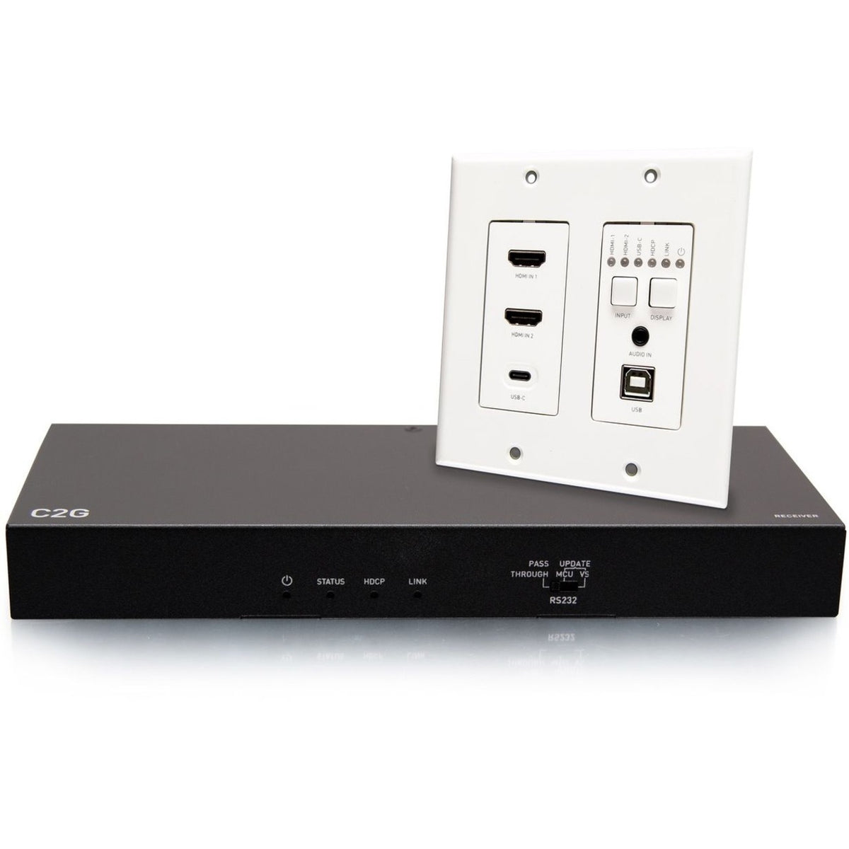 C2G HDBaseT Dual 4K HDMI Extender + USB C, 3.5mm and USB B to A over Cat - HDMI Wall Plate to Receiver Box - 4K 60Hz - C2G31020
