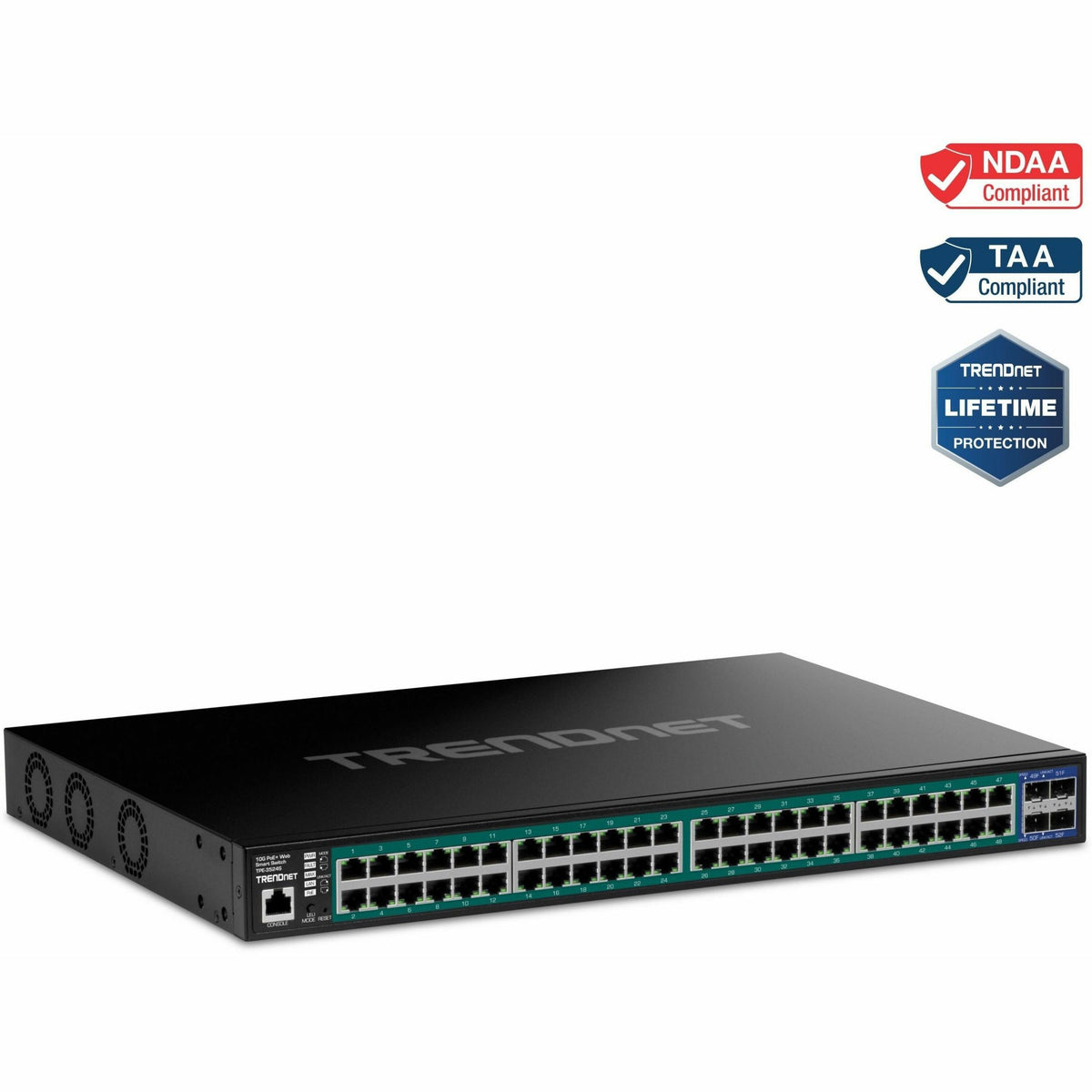 TRENDnet 52-Port Gigabit Web Smart PoE+ Switch with 10G SFP+ Ports, TPE-3524S, 410W PoE Power Budget, 176Gbps Switching Capacity, NDAA & TAA Compliant, Ethernet Splitter, Lifetime Protection, Black - TPE-3524S