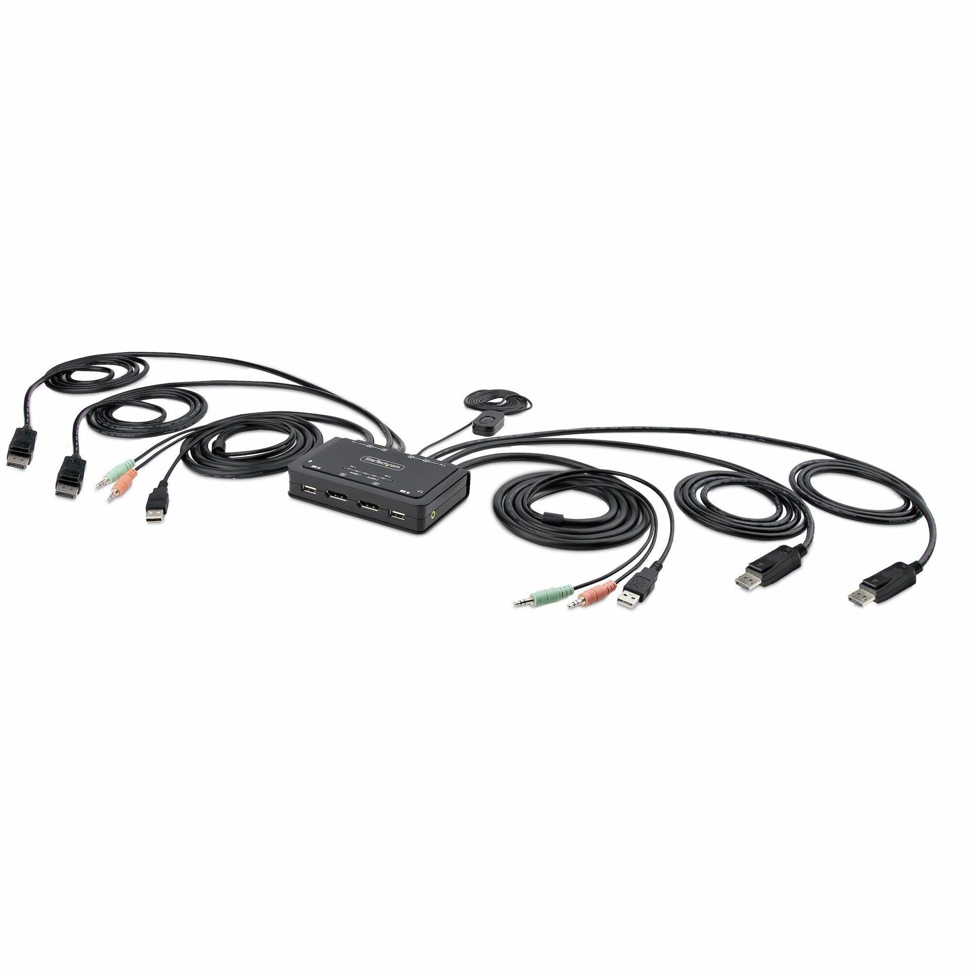 StarTech.com 2-Port Dual-Monitor DisplayPort Cable KVM Switch, 4K 60Hz, Compact KVM with 5ft/1.5m Integrated Host Cables, Bus Powered - C2-DD46-UA2-CBL-KVM
