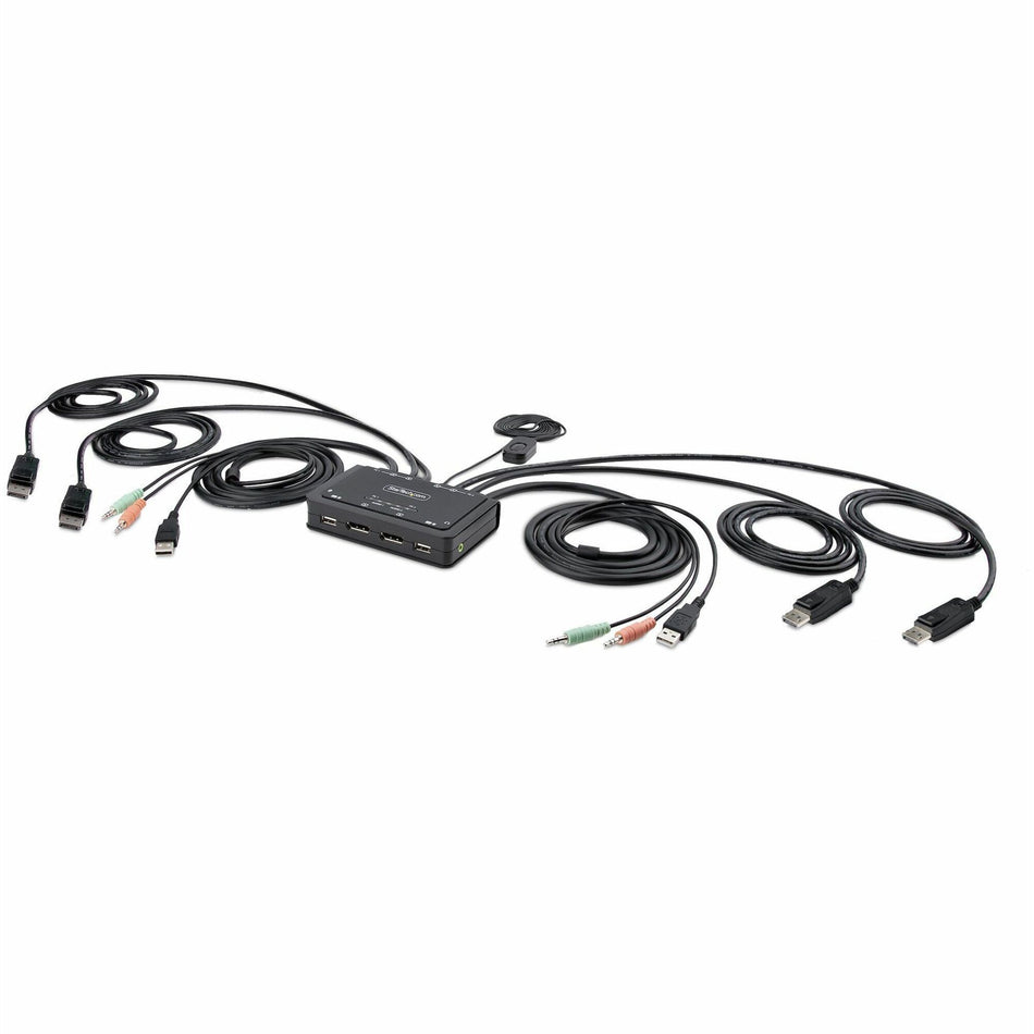 StarTech.com 2-Port Dual-Monitor DisplayPort Cable KVM Switch, 4K 60Hz, Compact KVM with 5ft/1.5m Integrated Host Cables, Bus Powered - C2-DD46-UA2-CBL-KVM