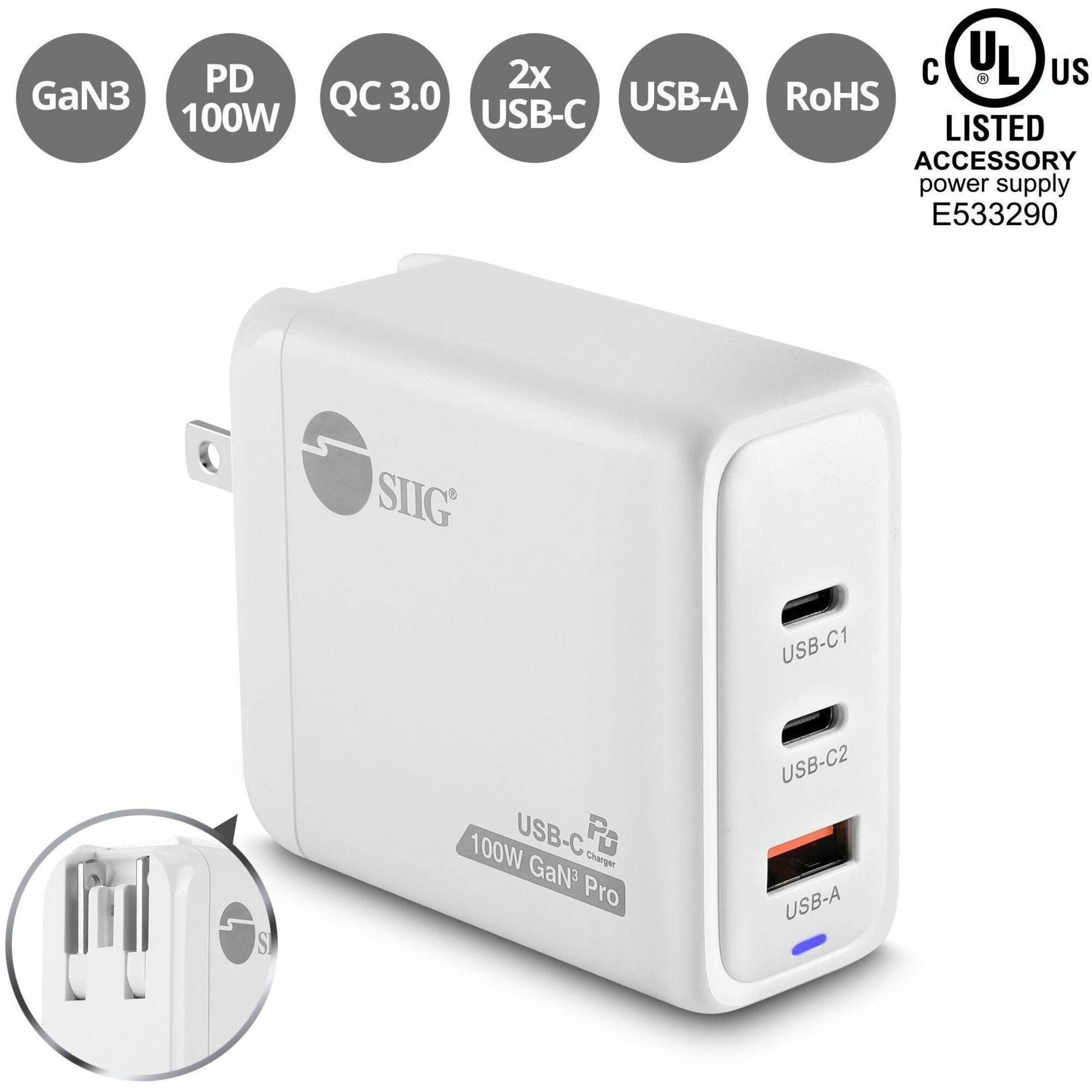 SIIG 100W GaN PD Combo Charger - 2C1A - AC-PW1Z11-S1