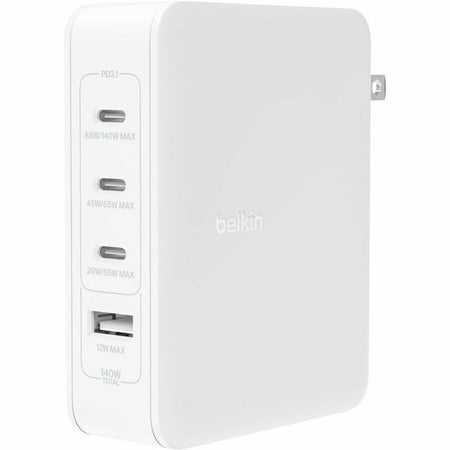 Belkin 140W Portable 4-Port GaN Wall Charger - 3xUSB-C, 1xUSB-A (140W Total) - Fast Charging - Power Adapter - White - WCH014dqWH