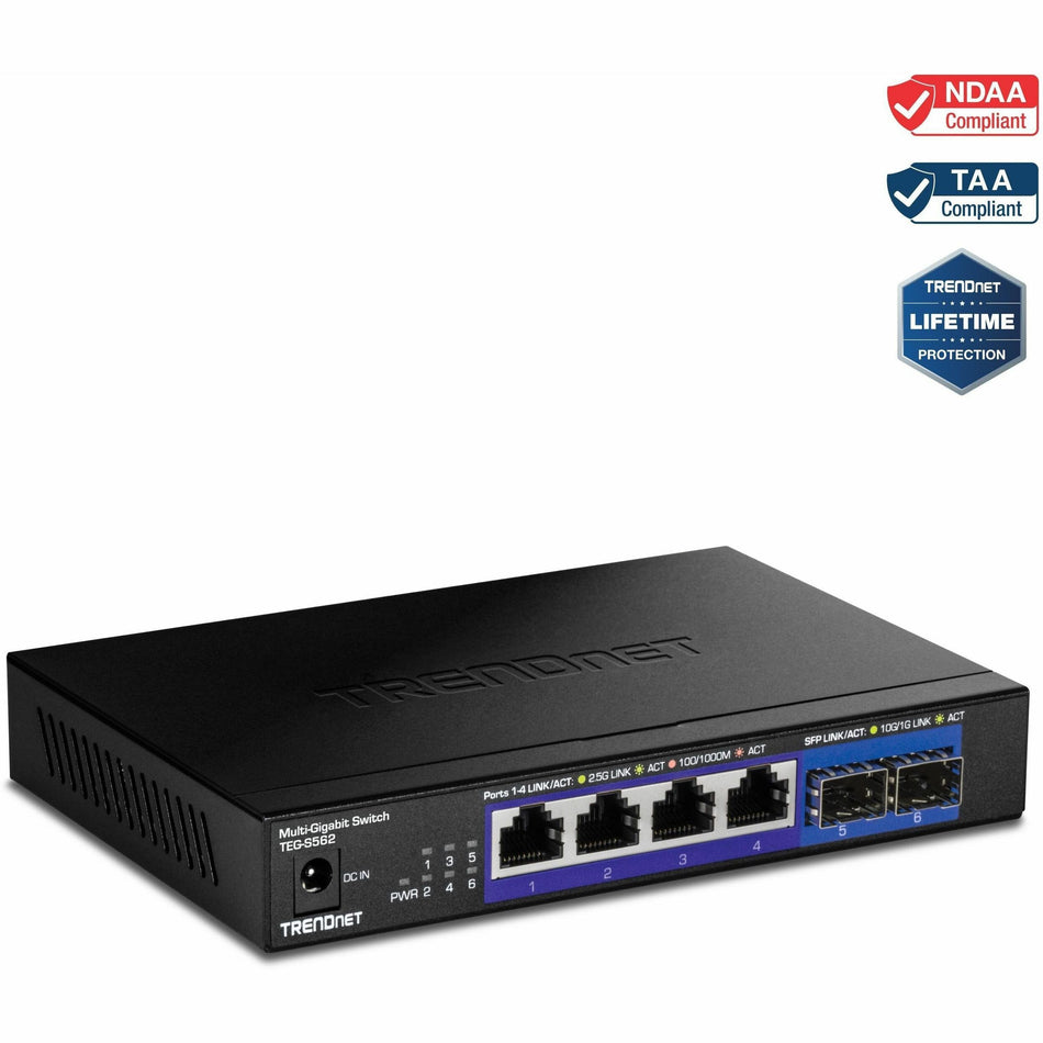 TRENDnet 6-Port Unmanaged Multi-Gig Switch, 4 x 2.5GBASE-T Ports, 2 x 10G SFP+ Ports Fanless, Compact Desktop Design, Metal Housing, Network Ethernet Switch, Lifetime Protection, Black, TEG-S562 - TEG-S562