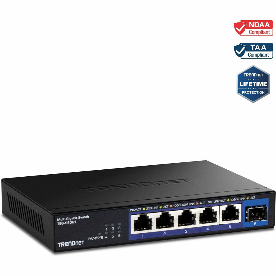 TRENDnet 6-Port Unmanaged 2.5G Switch with 10G SFP+ Port, TEG-S5061, 5 x 2.5GBASE-T Ports, 45Gbps Switching Capacity, Fanless, Wall Mountable, Lifetime Protection Black - TEG-S5061