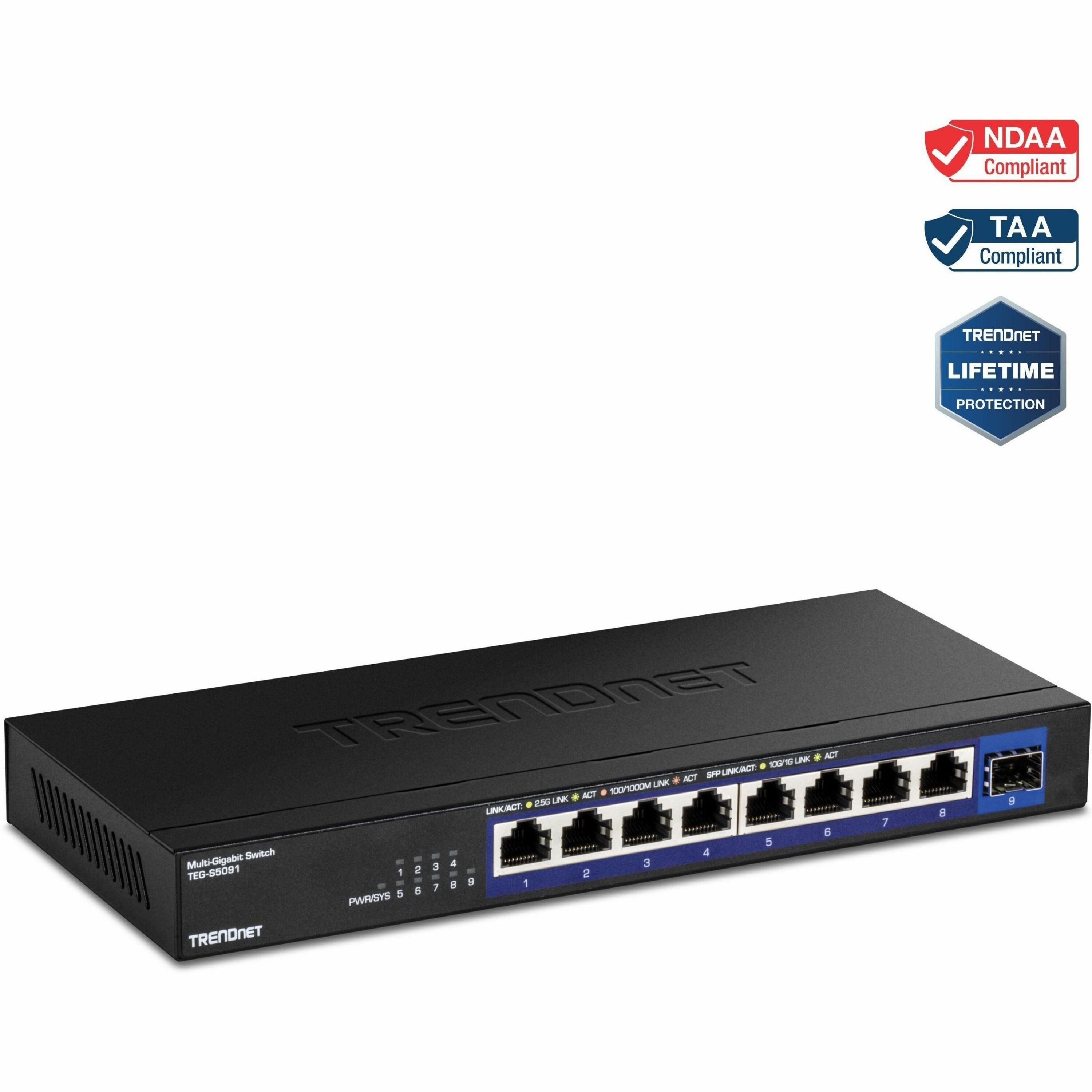 TRENDnet 9-Port Unmanaged 2.5G Switch with 10G SFP+ Port, TEG-S5091, 8 x 2.5GBASE-T Ports, 60Gbps Switching Capacity, Fanless, Wall Mountable,Lifetime Black - TEG-S5091