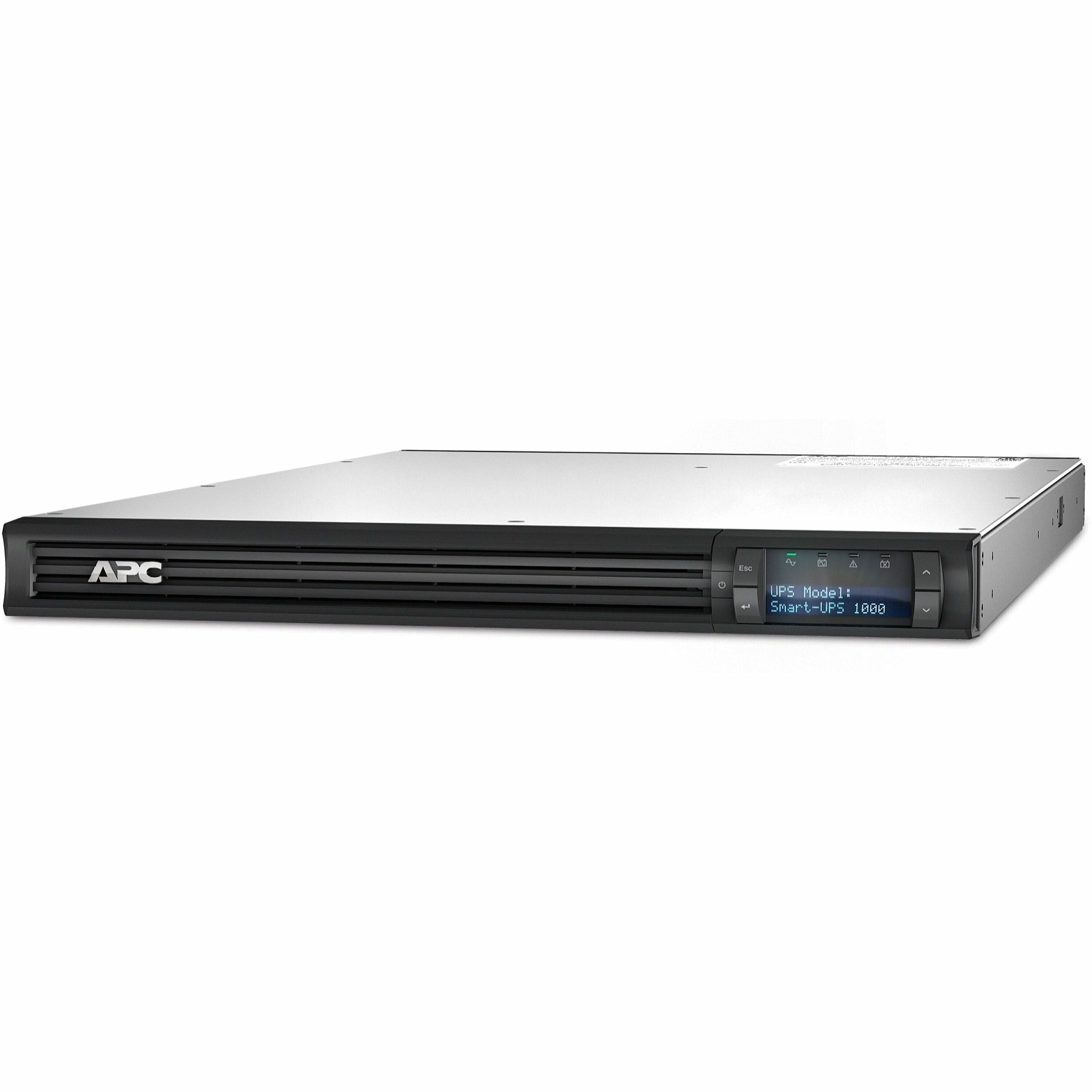 APC Smart-UPS, Line Interactive, 1000 VA, LCD, Rackmount 1U, 120V, 4x NEMA 5-15R outlet, USB, AVR, Short Depth - SMT1000RM1U
