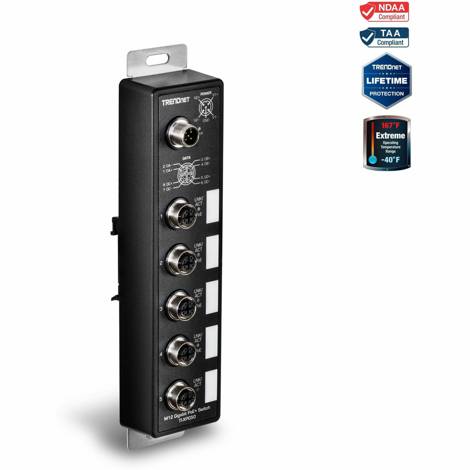 TRENDnet 5-Port Industrial EN50155 M12 Gigabit PoE+ Railway Switch - TI-XPG50