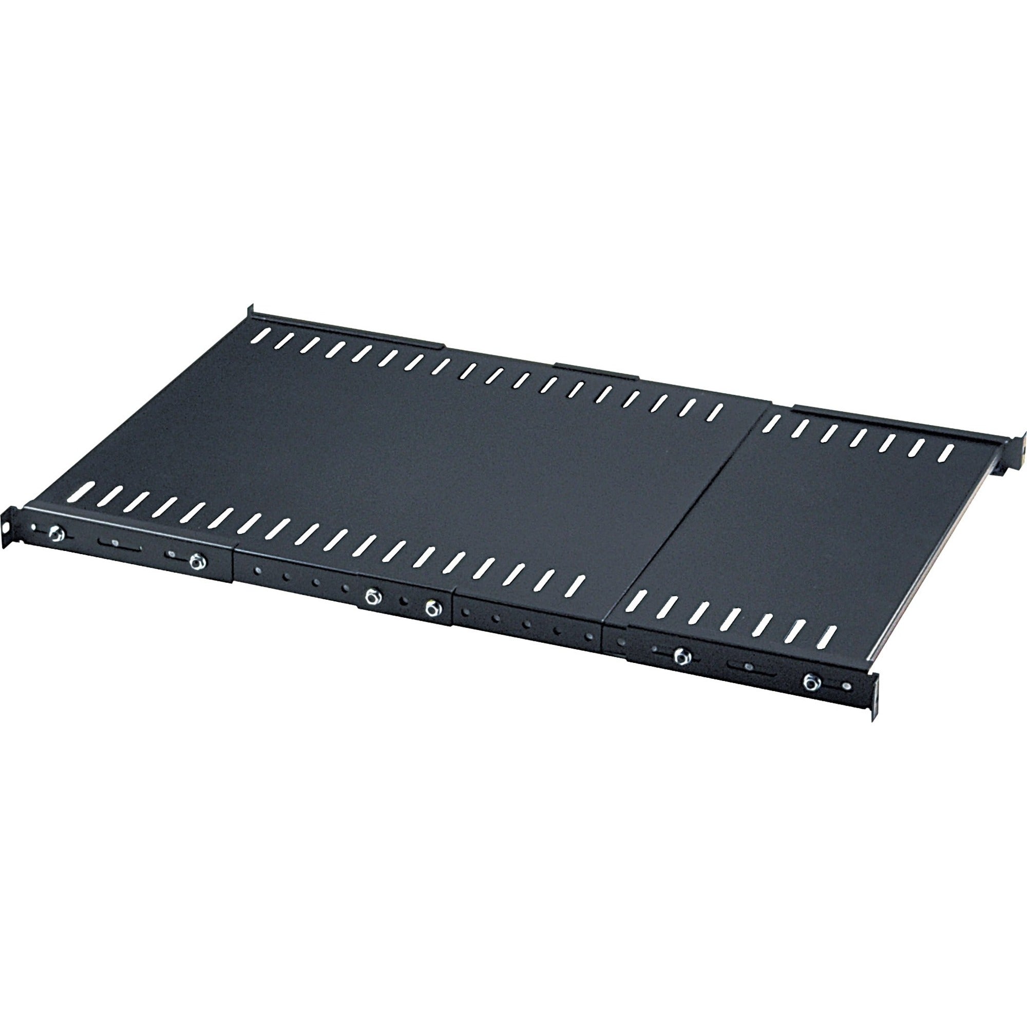 19" Fixed Extending Shelf, 1U Extending Fixed Shelf, 550mm to 1000mm, Steel, Max 45kg, Black, Three Year Warranty - 714389
